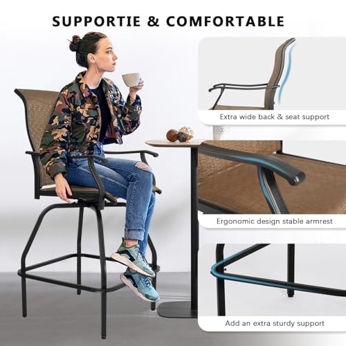 LEVELEVE Patio Bar Set 2pcs Swivel Bar Stools Outdoor Bistro Textilene Furniture Stability All-Weather Set (2, Dark Brown Fabric)