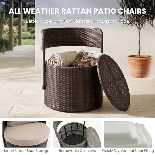 DAYAOUTDOOR 3 Piece Outdoor Patio Bistro Set with Storage, Wicker Conversation Chair Set with Glass Table, Modern Balcony Furniture for Garden, Porch, Backyard, Brown
