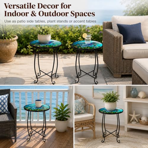Kaesithar 2-Pack 15 Inch Tall Mosaic Patio Side Tables Style, Metal Folding Turtle Table Set, Shatterproof Outdoor Patio Table for Porch Deck, Rust Resistant Small Garden Table (Set of 2)
