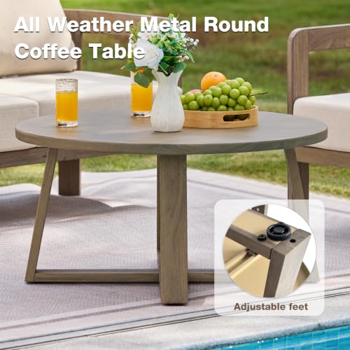 COMLAX FIELD Indoor Round Coffee Table with 35.5” Woodgrain Finish Table Top, Outdoor Metal Modern Side Table 125lbs for Backyard Porch Balcony Living Room, Brown