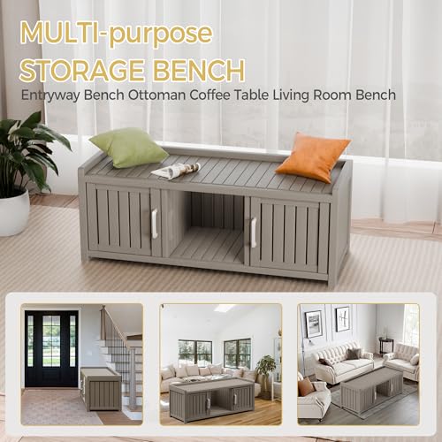 Trygoal Storage Bench - Waterproof Resin Shoe Bench with Adjustable Shelves - Indoor & Outdoor Use, 2 Doors Entryway Bench with Hidden Storage Space - Storage Cabinet for Bedroom, Hallway, Grey