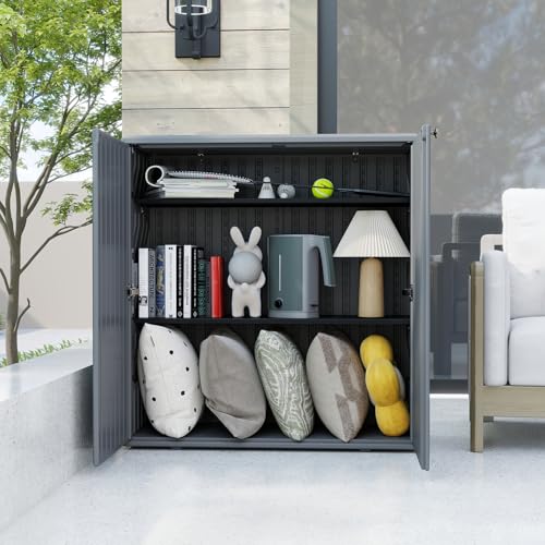 HOMSPARK Indoor/Outdoor Storage Cabinet with Doors and Shelf, 34”x15”x36” HDPE Plastic Storage Box Waterproof for Patio, Garden, Balcony, Multi-Purpose for Daily Tools, Grey