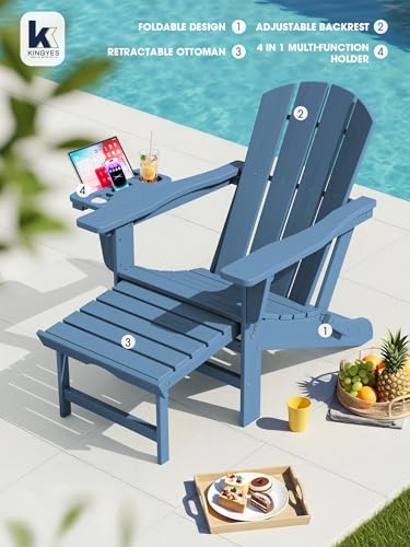 KINGYES Adjustable Folding Adirondack Chair with Footrest & 4-in-1 Multi-Functional Armrest Organizer, HDPE Foldable Recliner Adirondack Chair with Pull-Out Ottoman, Blue