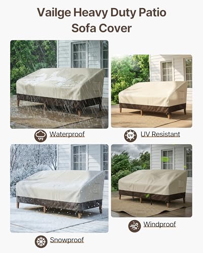 Vailge Heavy Duty Patio Sofa Cover, 100% Waterproof 3-Seater Outdoor Sofa Cover,Lawn Patio Furniture Covers with Air Vent and Handle,79" Wx 37" Dx 35" H,Beige&Brown