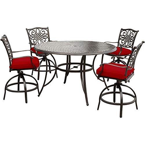 Hanover Traditions 5-Piece Outdoor Dining Set in Red with Four Swivel Chairs and a 56 In. Cast-top Table, Patio Dining Set for 4 for Backyard, Deck, Porch, Patio