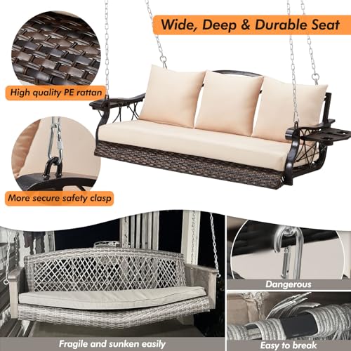 ZZW 3-Person Wicker Porch Swing Chair Heavy Duty 900 LBS Outdoor Rattan Patio Swing Chair w/Cup-Holder & Steel Chains Hanging Bench Porch Swing Cushions for Deck & Backyard & Garden
