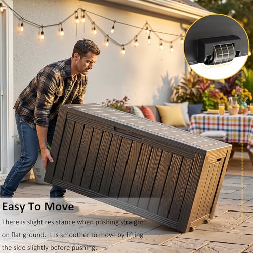 ROJIK Outdoor Storage Box with Wheels – 85 Gallon Mobile Waterproof Resin Deck Box, Lockable Storage for Patio Cushions, Garden Tools, Pool Accessories – UV-Resistant Storage Bench for Backyard & Deck