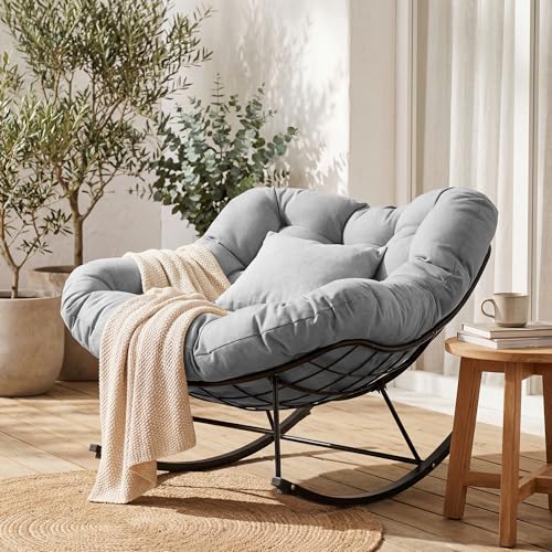 JEAREY Outdoor Papasan Rocking Chair, Oversized Patio Rocker, Comfy Egg Chair for Bedroom, Living Room, Garden, Porch, Lawn, Grey