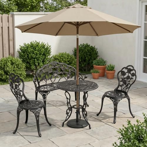 Sundale Outdoor Cast Aluminum Bistro Set of 4, Patio Conversation Set with Umbrella Hole for Balcony All Weather Resistant Antique Finish Patio Porch Yard Black Rose