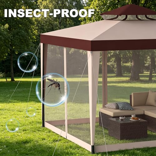 Outdoor Gazebo for Patio, 10×10 Canopy Tent with Mosquito Nettings & Double Roofs, Easy Setup Canopy Shelter for Party, Patio Gazebo for Lawn, Backyard, Garden (Red, 10'x10')