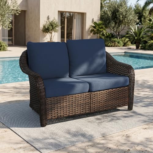 Qsoer 55 inch Outdoor Wicker 2 Seater Sofa, All-Weather Use Patio Rattan Loveseat with Seat and Back Cushion, Ideal for Porch, Backyard, Balcony, Poolside, Blue
