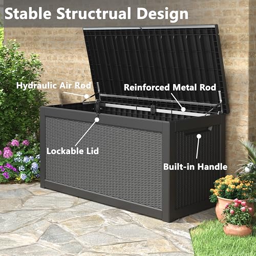 WTFGO 320 Gallon Outdoor Storage Box, Resin Deck Boxes Outdoor Waterproof For Patio Furniture, Garden Tools, Pool Supplies, Lockable And UV Resistant (Rattan Black)