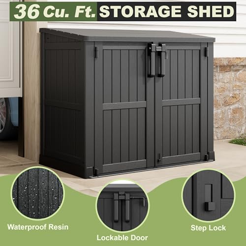 WTFGO 36 Cu Ft Resin Outdoor Storage Shed, Weatherproof Horizontal Outdoor Storage Cabinet with Dual Lock Door for Backyard, Patio, Garage, Garden(Black)