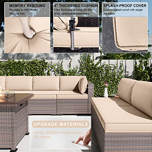 Kullavik 13PCS Outdoor Patio Furniture Set,PE Wicker Rattan Sectional Sofa Patio Conversation Sets with 43" 55000BTU Gas Propane Fire Pit Table,Swivel Rocking Chairs Set,Sand