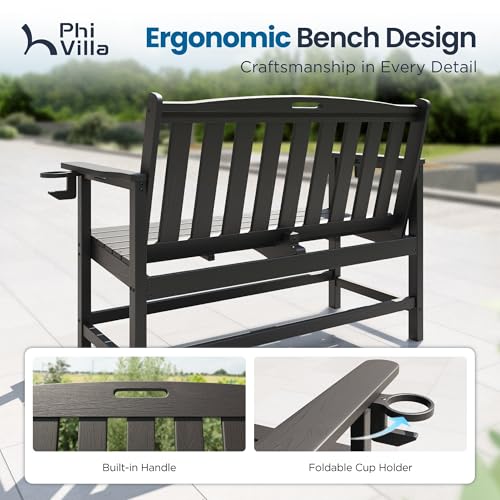 PHI Villa 50 Inches HDPE Outdoor Bench Weatherproof Garden Bench with 700 lbs Capacity, 2-Person Patio Benches for Outside, Park, Yard and Porch, Black