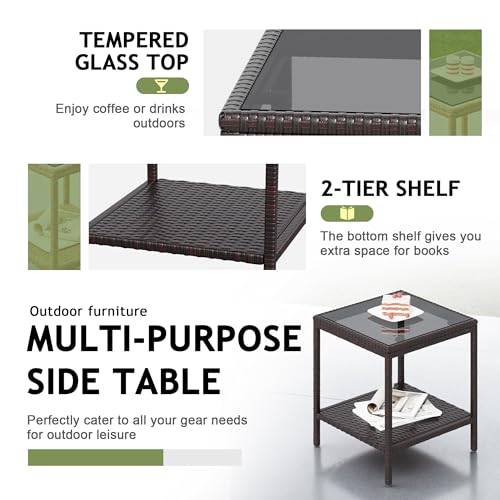 Devoko Outdoor 3 Piece Patio Furniture Set Wicker Chairs with Glass-top Coffee Table for Garden, Balcony, and Porch (Brown)
