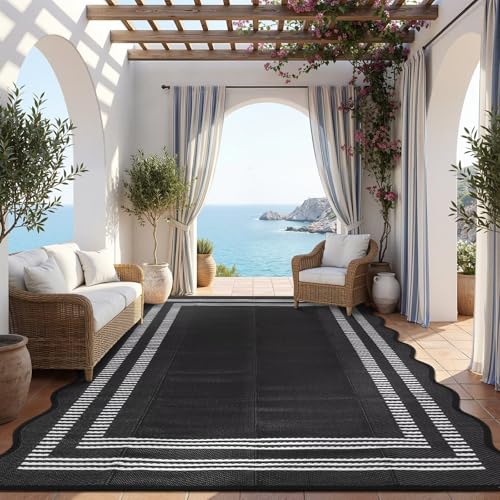 Garvee Waterproof Outdoor Rug 9x12, Scalloped Geometric Foldable Plastic Straw Patio Camping Rug, Outdoor RV Carpet for Deck Camper Porch Balcony Backyard Picnic Beach Black and White