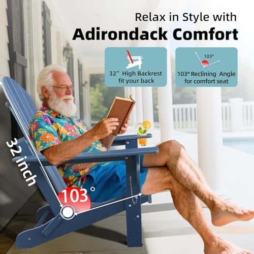 CLOUDEEP Folding Adirondack Chairs, HDPE Plastic Adirondack Chair with Cup Holder Weather Resistant, Wood Texture Outdoor Fire Pit Chairs for Patio Garden,Poolside and Deck, Umbrella Hole, Dark Blue