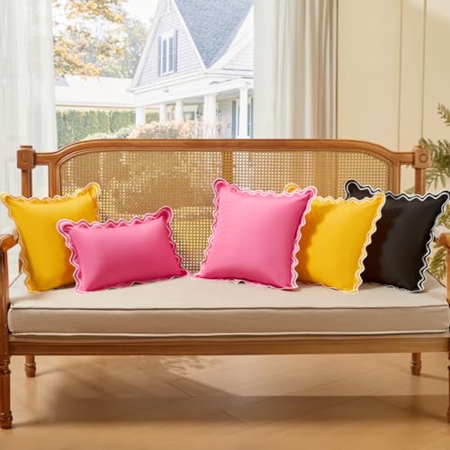 JOJOGOGO Black and White Scalloped Outdoor Lumbar Pillow Covers 12x20 Waterproof & Sunproof Set of 2, Black Outdoor Pillows Embroidered Decorative Throw Pillows for Couch Porch and Patio Furniture