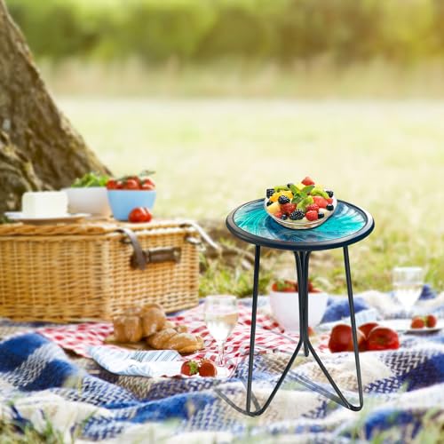 LIFFY Patio Side Table, Small Round End Table, Metal Side Table Outdoor, Small Porch Table for Indoor Balcony Furniture Decor (Blue Glass 12inch)