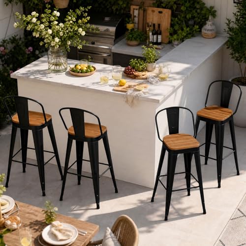 POINTANT Outdoor Metal Bar Stools Set of 4,30 inch Barstools Counter Height Bar Stool with High Back Farmhouse Kitchen Dining Chairs Bar Funiture for Outside