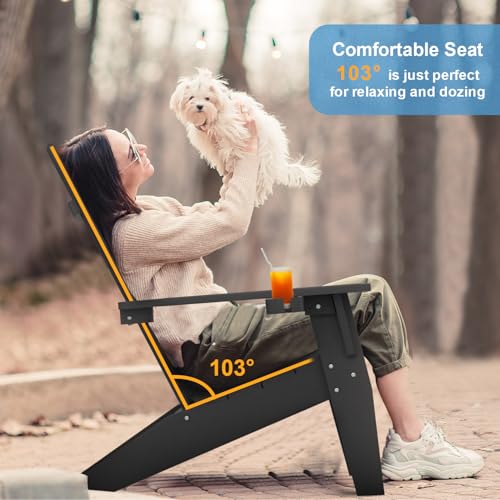 MXIMU Adirondack Chairs Set of 2 Outdoor: Oversized Modern Adirondack Chairs with Cup Holder - All-Weather Plastic Composite Material - Ergonomic Support for Adults to Relax in Lawn & Backyard (Black)