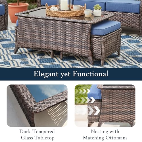 moosprr Luxury High Back Outdoor Furniture with 6-inch Extra Thick Cushions, Patio Furniture Set with Swivel Chairs, 7 PCS Wicker Conversation Set for Yard, Deck, Poolside, Brown/Blue