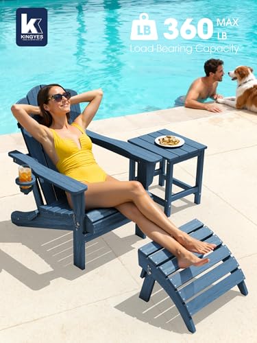 KINGYES Folding Adirondack Chair Set of 2, HDPE All-Weather Patio Chairs with Cup Holder, Wooden Textured Fire Pit Chairs for Poolside, Backyard, Deck, Navy