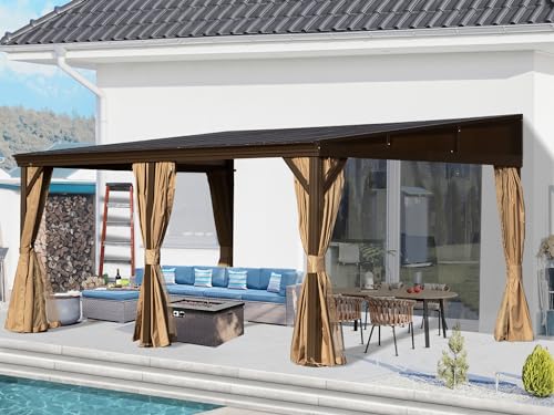 Domi 12x16FT Lean to Gazebo, Hardtop Wall Mounted Gazebo with Sloping Galvanized Steel Roof, Aluminum Frame, Drainage System, Curtains and Netting, for Patio, Deck, Garden, Backyard