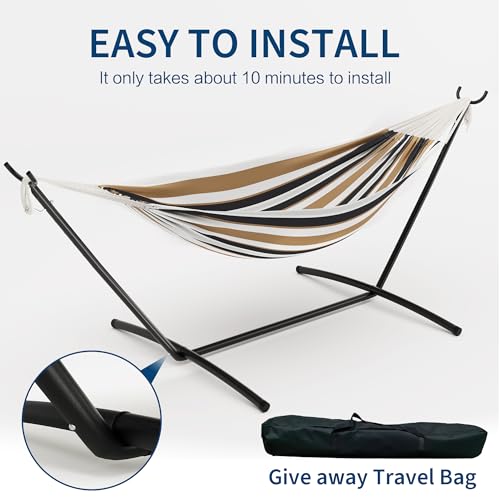 Double Hammock with Steel Stand - 2 Person Hammock Bed Indoor Outdoor, Brazilian-Style, with Carry Bag, 450lb Capacity, Portable & Easy Assembly, Coffee