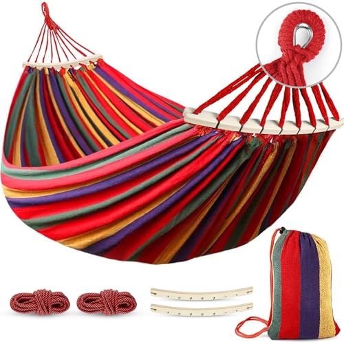 MOSFiATA Hammocks Portable Camping Hammock Upgraded 550lb Comfortable Fabric Hammock with Two Anti Roll Balance Beam and Sturdy Tree Straps for Camping, Patio, Backyard, Outdoor (Colorful Stripe)