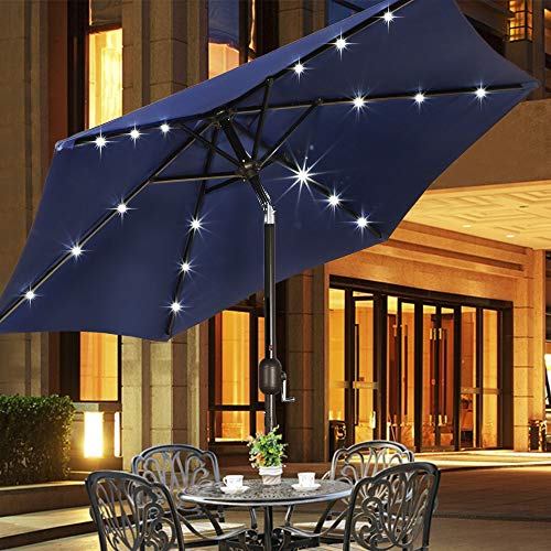 Blissun 7.5 ft Solar Umbrella, 18 LED Lighted Patio Umbrella, Table Market Umbrella, Navy Blue