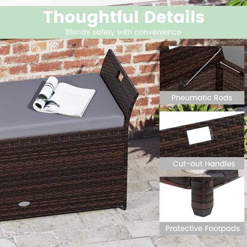 RELAX4LIFE Wicker Outdoor Storage Bench - 68 Gallon Rattan Deck Box w/Side Handles & Soft Cushion for Pillows, Garden Tools, Pool Accessories, Sports Equipment, Patio Bench with Storage for Porch