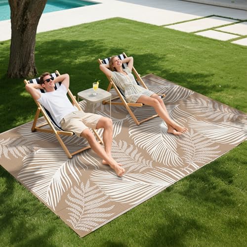 Pauwer Waterproof Outdoor Rug 5x8, Reversible Plastic Straw Patio Camping Rug, Indoor Outdoor RV Mat Carpet for Deck, Camper, Porch, Balcony, Backyard, Picnic, Leaf Brown