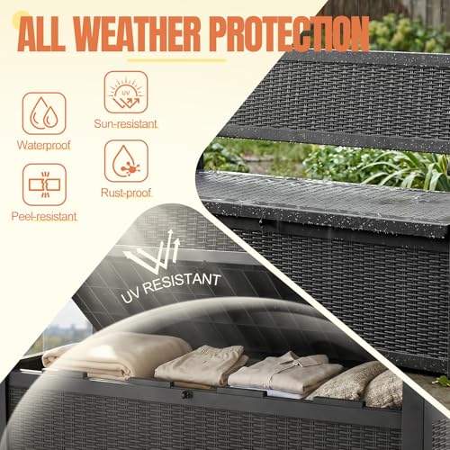 ATMELT Storage Bench Outdoor Deck Box,100 Gallon Waterproof & UV Resistant Lockable Patio Furniture Seating.Indoor/Outdoor Shoe Storage Cabinet for Garden Cushions,Tools,Patio,Pool Supplies(Black)