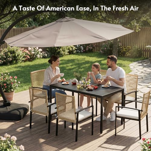Rotihom 7-Piece Outdoor Dining Set for 6, Patio Dining Set with Hand-Woven Wicker Chairs & Cushions, 60" x 33" x 30" Wider Aluminum Woodgrain Table for Deck, Garden, Backyard