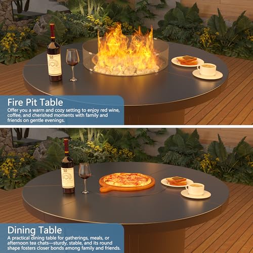 RTDTD 48" Round Propane Fire Pit Table,55000 BTU Round Firepit,Outdoor Fire Pit with Fire Glass,Lid,Waterproof Cover and Blue Glass Stone for Backyard,Garden,Patio