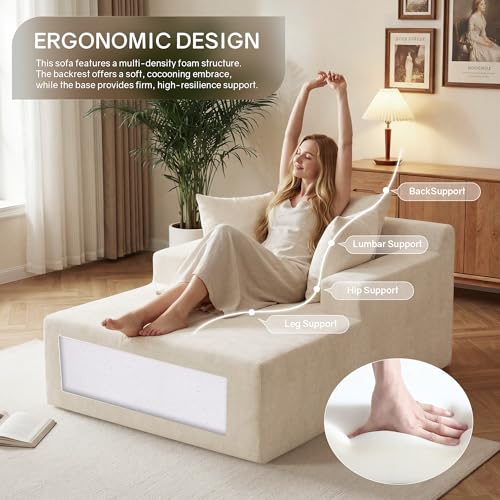 66" Chaise Lounge Chair Indoor, Oversized Boneless Lounge Chair with 3 Pillows, Chenille Cloud Reading Chair for Living Room Bedroom, Deep Seat Sleeper Couch, No Assembly Required