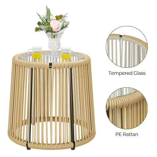 Yaheetech 3 Piece Patio Rattan Bistro Set, Outdoor All Weather PE Wicker Conversation Furniture Set with 2 Chairs & Tempered Glass Top Table & Cushions, for Poolside/Porch/Garden/Yard, Tan/Cream