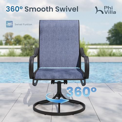 PHI VILLA 5 Piece Patio Dining Set with 4 Outdoor Swivel Dining Chairs & 1 Large Round Dining Table, All Weather Blue Textilene Mesh Fabric Chair and Round Metal Table for Deck Lawn Garden