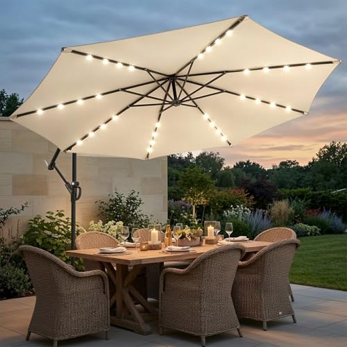 wikiwiki 10ft Solar LED Offset Patio Umbrella, Outdoor Cantilever Patio Umbrellas with Solor Lights for Backyard, Poolside and Garden, Easy Tilt Adjustment, 32 LED Lights & Polyester Shade, Beige