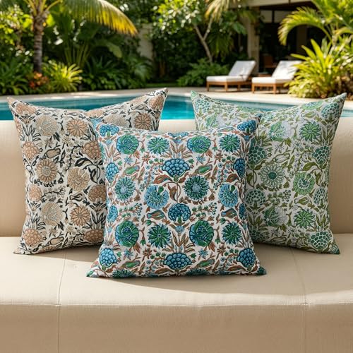 Allorry Outdoor Pillow Covers 18x18 Set of 2 Vintage Blue Floral Block Print Pillow Cover Neutral Modern Farmhouse Boho Decorative for Spring Summer Outdoor Sofa Bedroom Living Room DecorJB013-A18