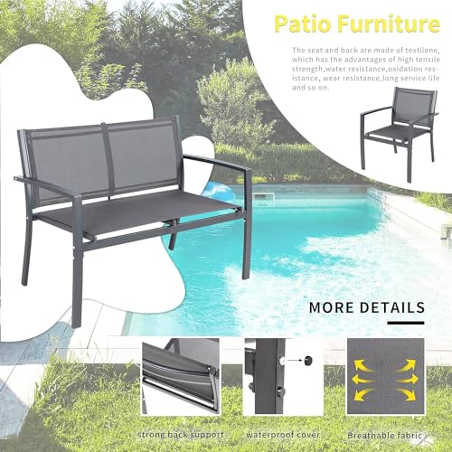 Shintenchi 4 Pieces Patio Furniture Set All Weather Textile Fabric Outdoor Conversation Set, with Glass Coffee Table, Loveseat, 2 Single Chairs for Home, Garden, Lawn, Porch（Gray）