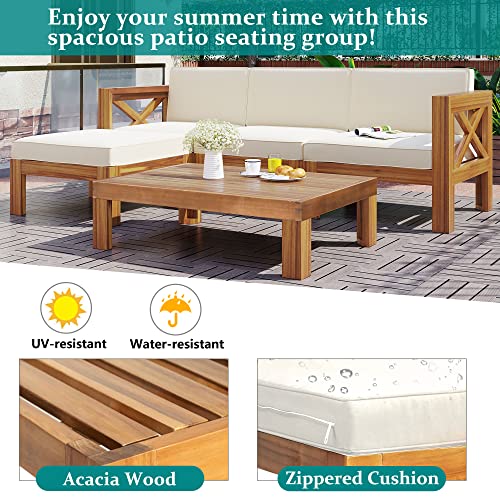 YSWH 5-Piece Patio Acacia Wood Outdoor Furniture Sectional Conversation Sets Sofa Set with Slatted Tabletop Tea Table and X-Back Wood Frame, Removable Cushions