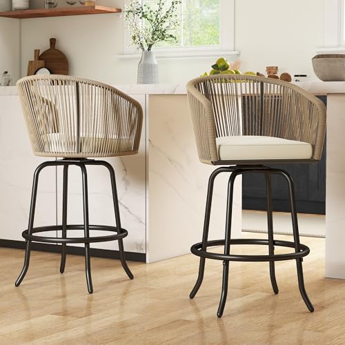 YITAHOME Counter Height Bar Stools Set of 2, Outdoor Bar Stools with Soft Cushions, Patio Rattan Swivel Bar Chairs for Backyard Poolside, Garden w /360 Rotation (Beige)
