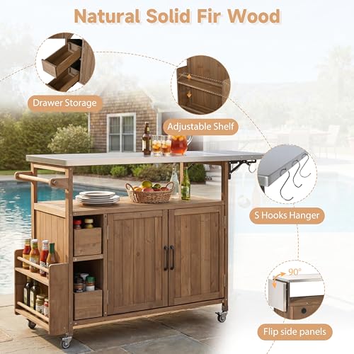Christopher Knight Home Edsel Outdoor Bar Cart with Stainless Steel Top and Lockable Wheels, Solid Wood Outdoor Storage Cabinet, Kitchen Island Serving Cart for Poolside, Garden, Natural Brown+Silver