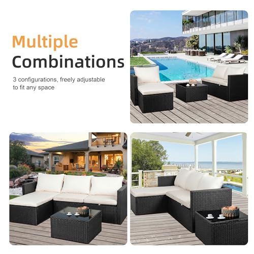 Shintenchi 4 Pieces Patio Furniture Sets, Outdoor Sofa Patio Sectional Sets All Weather, 2-in-1 Wicker Rattan Seating Sofa Couch with Cushions & Coffee Table for Yard, Garden, Porch, Poolside (Beige)