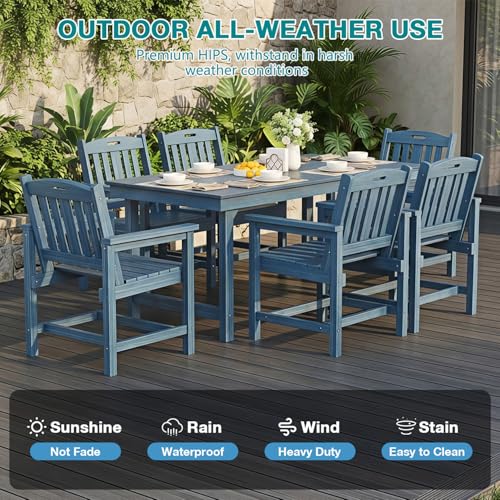 Mdeam 7-Piece HIPS Outdoor Dining Set, 66.9" Patio Table with Umbrella Hole, 440LBS Capacity, 6 Wider Chairs, Dining Table Set for 6, Indoor Outdoor Furniture with Galvanized Steel Frame, Navy Blue