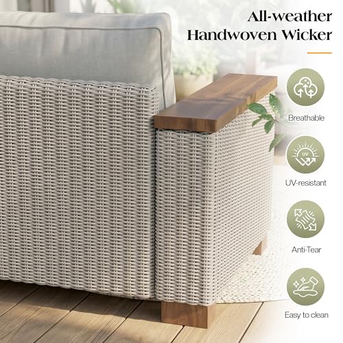 PaPaJet 6-Piece Wicker Patio Furniture Set with Solid Wood Armrest, Outdoor Patio Set with Thick Legs, UV-Resistant Modular Outdoor Sectional Sofa for Backyard, Porch, Garden