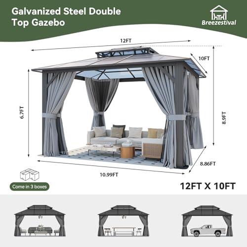 Breezestival 10'x12' Hardtop Gazebo Outdoor Permanent Gazebo with Double Polycarbonate Roof Canopy, Aluminum Frame Permanent Pavilion with Curtains and Netting for Patio,Garden,Lawns